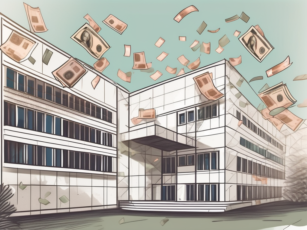 A typical international school building in bangkok with a symbolic representation of thai baht notes floating around it
