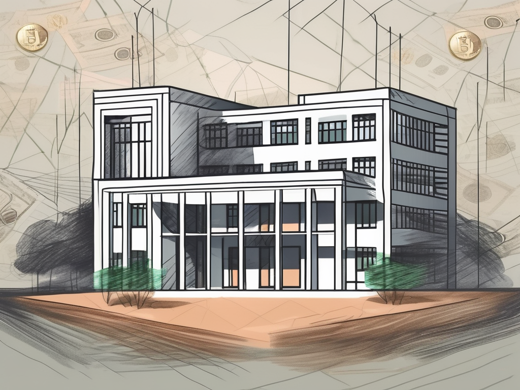 An international school building in bangladesh with a symbolic representation of currency (like a bag of coins) hovering above it