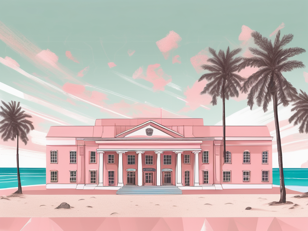 An international school building with a backdrop of bermuda's iconic pink sand beaches and crystal clear waters