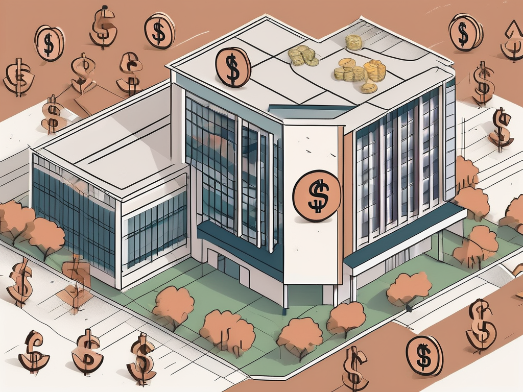 An international school building in hangzhou surrounded by various currency symbols to represent different salaries