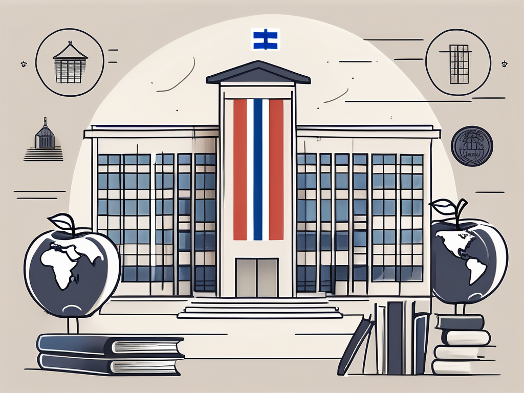 An international school building with a finnish flag flying on it