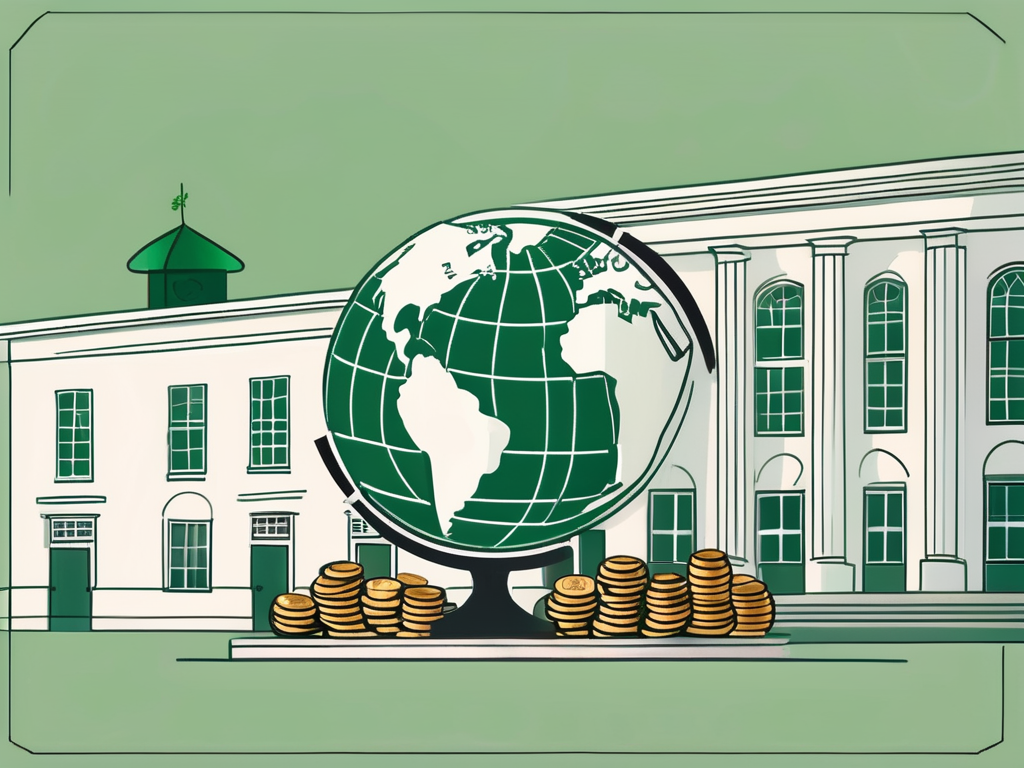 A traditional irish school building with a globe in the background