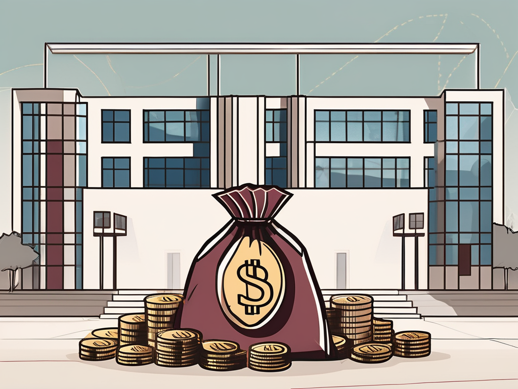 An international school building in qatar with a symbolic stack of coins or a money bag in the foreground