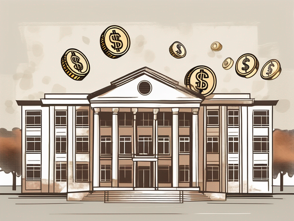 An international school building in macao with a symbolic representation of currency floating above it