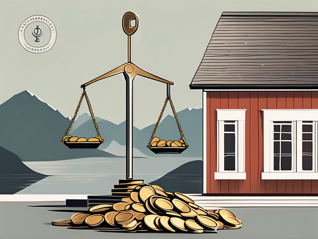 A traditional norwegian schoolhouse with a symbolic balance scale on the rooftop