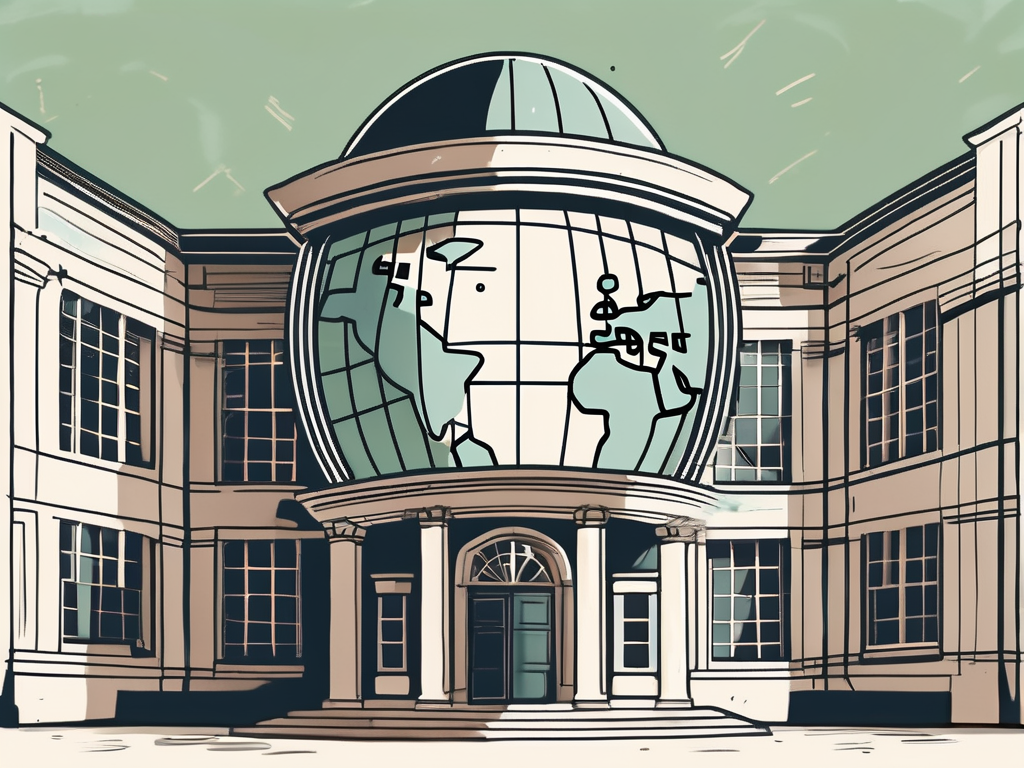 A traditional british school building with a globe and currency symbols floating around it