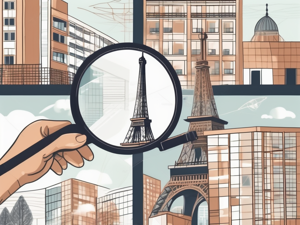 The eiffel tower surrounded by various international school buildings