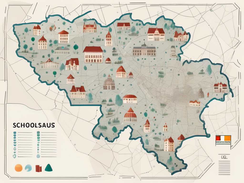 A map of belgium dotted with symbols of school buildings and globes