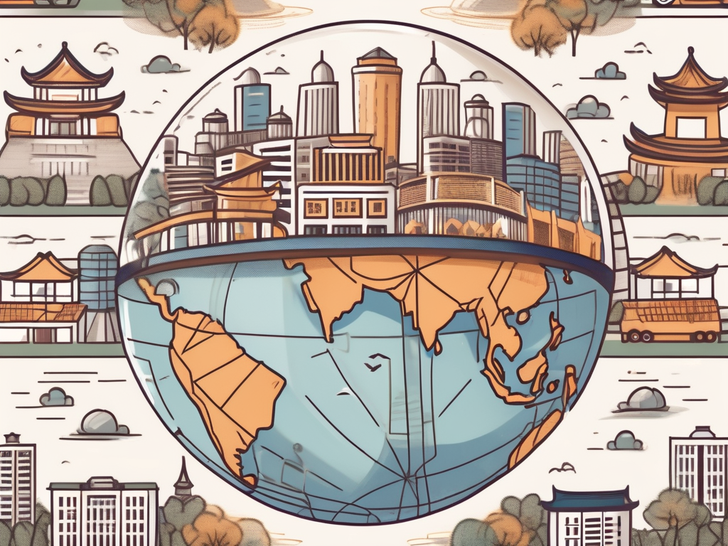 A globe with a magnifying glass focusing on the city of chengdu