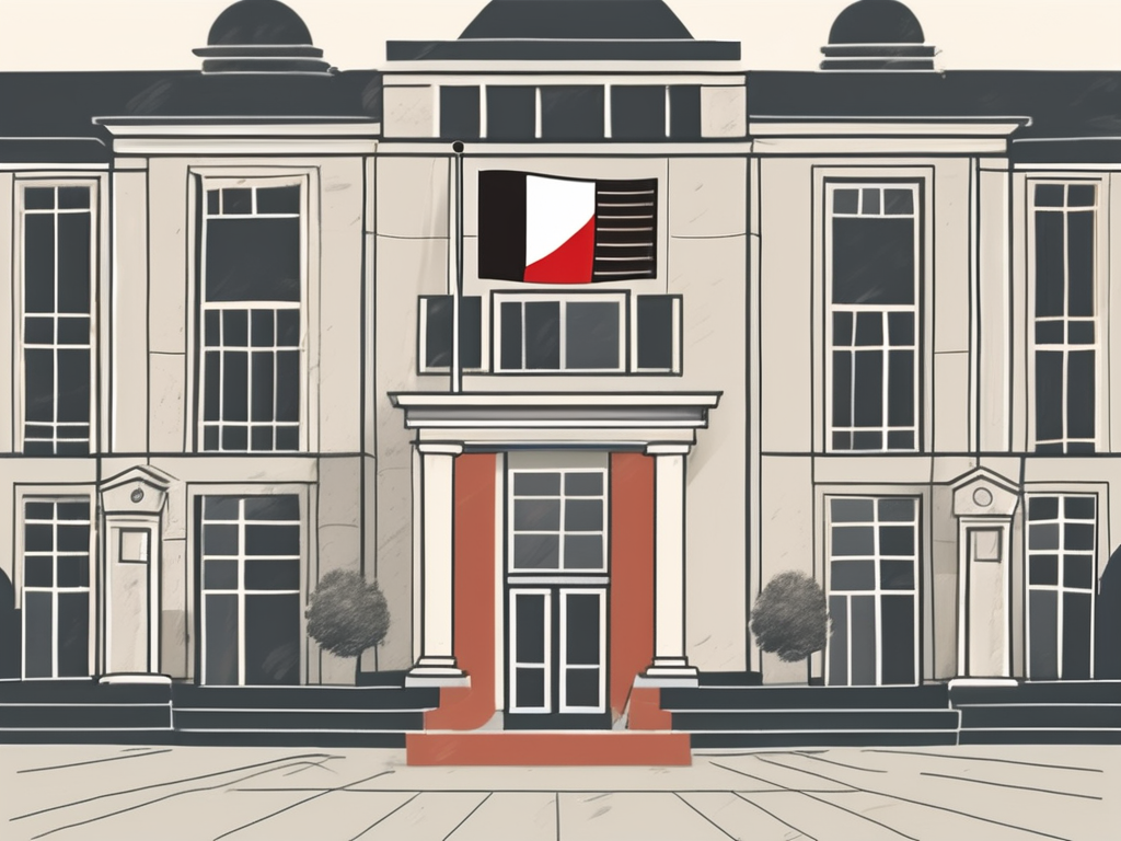 A classic belgian school building with an international flag montage in the background