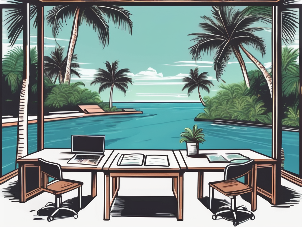 A tropical classroom setting with a chalkboard