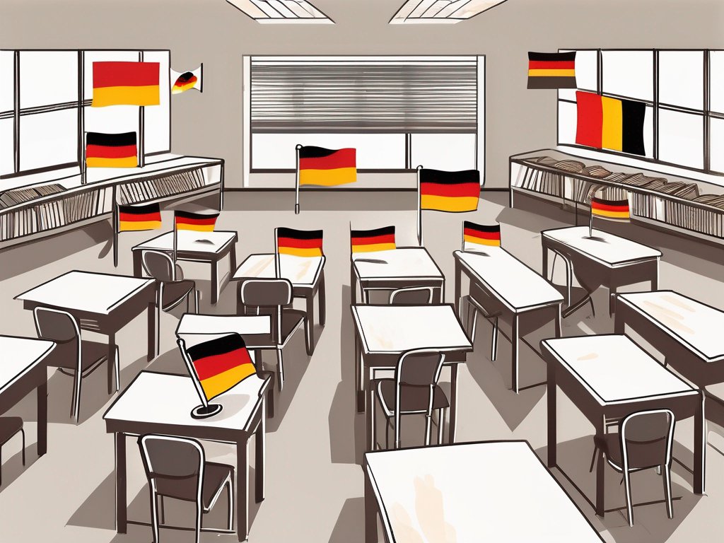 A classroom setting with german flags