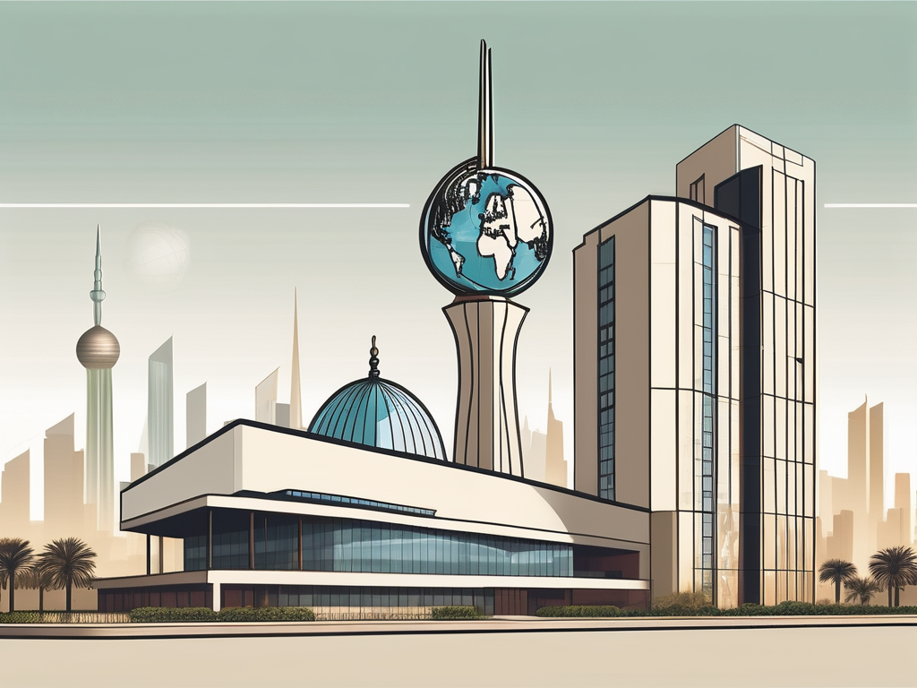 A modern international school building in kuwait with a background of the city skyline and a couple of iconic kuwait landmarks