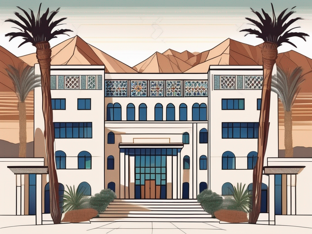 A typical moroccan international school building with a backdrop of morocco's distinct landscape