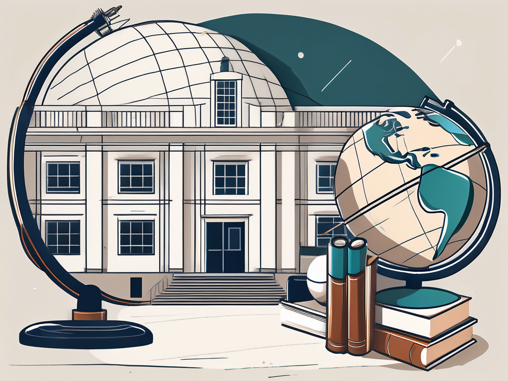 A typical portuguese international school building with a globe and educational tools like books