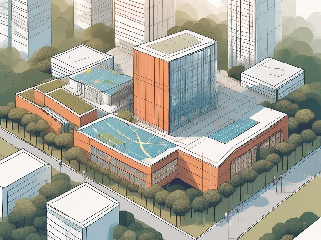 A modern international school building in shenzhen with a global map in the background