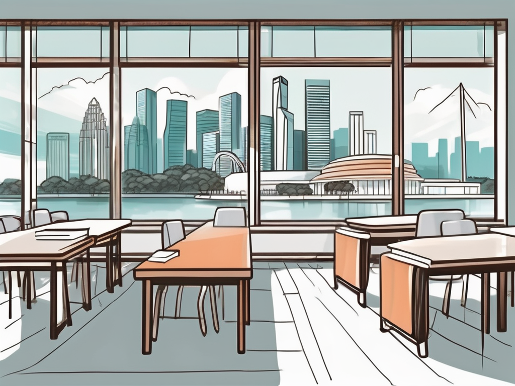 A classroom setting with diverse educational materials and iconic singapore landmarks visible through the window