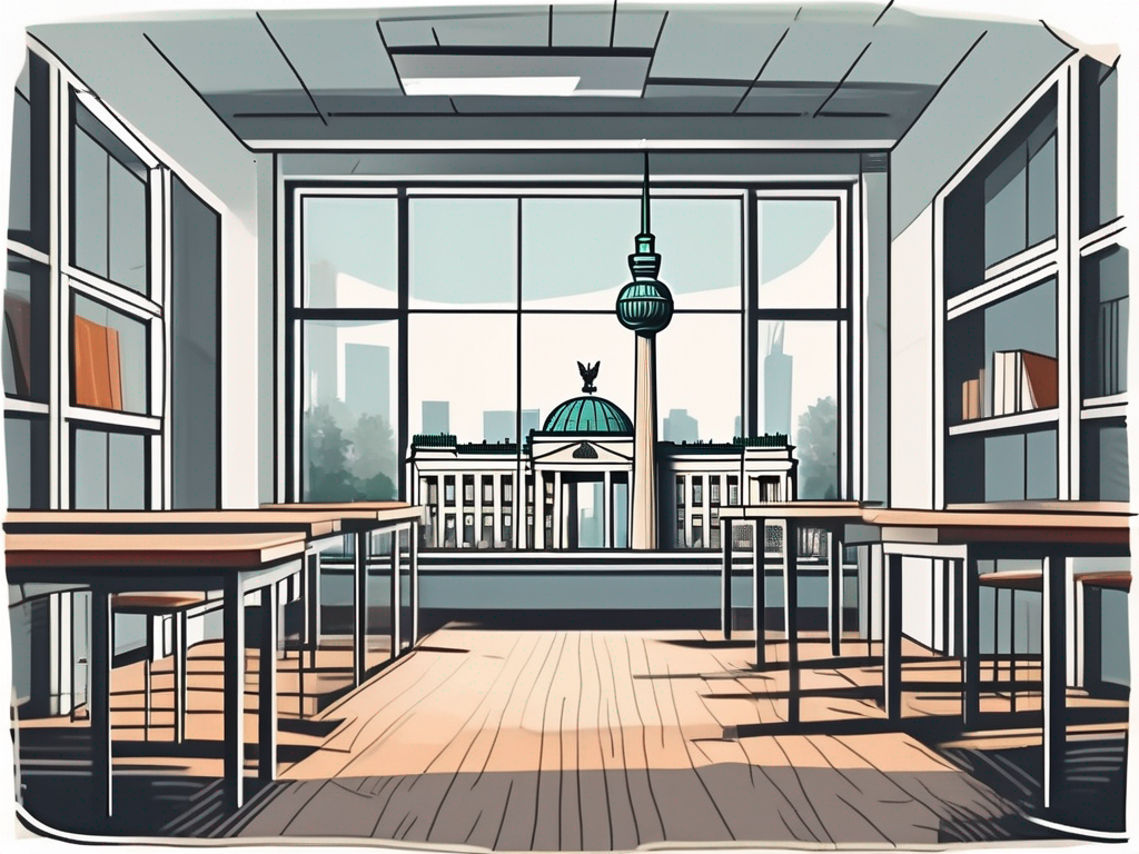 A classroom with diverse educational materials and landmarks of berlin