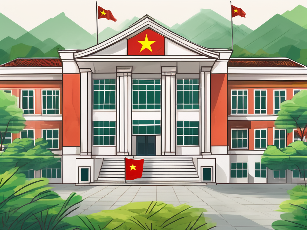 A school building with a vietnamese flag