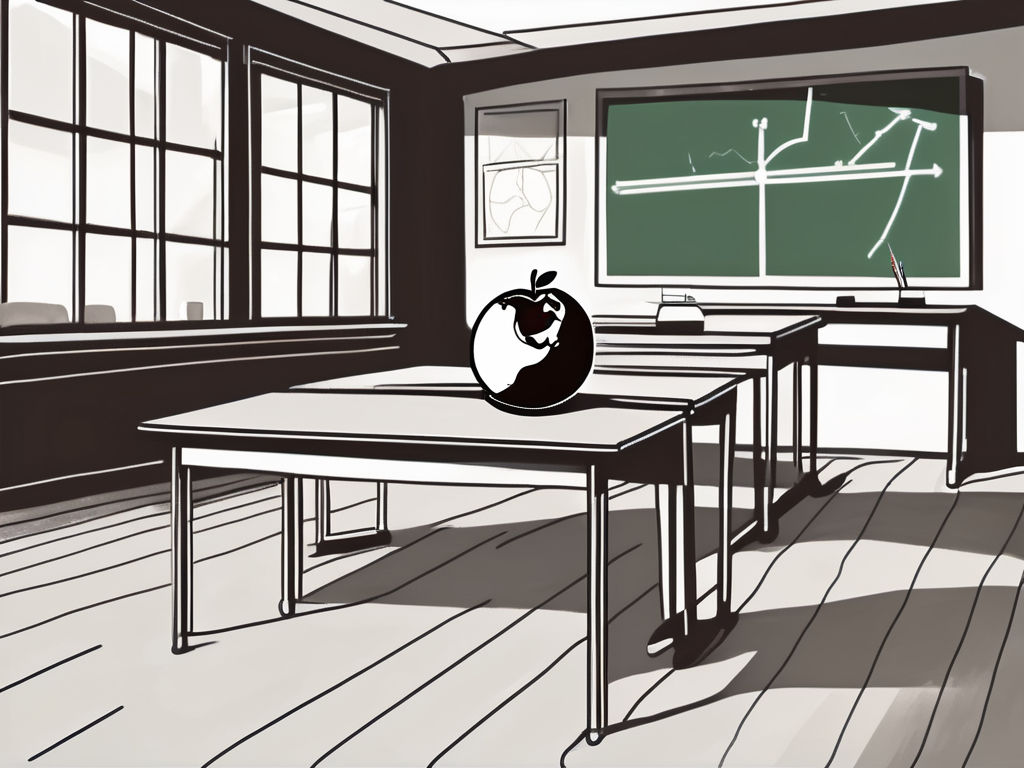 A classroom setting with an empty teacher's desk