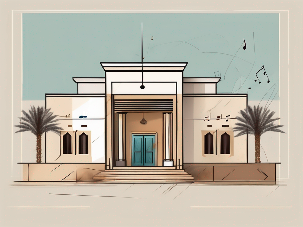 A traditional emirati architectural school building with elements of art tools such as paintbrushes
