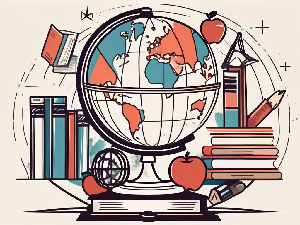 A globe surrounded by various educational tools like books