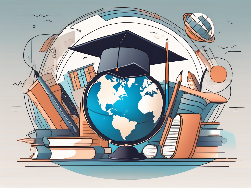 A globe surrounded by various school-related items like books