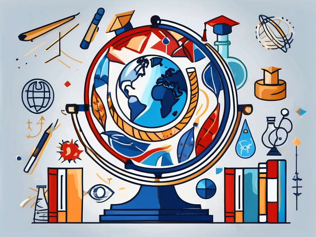 A globe surrounded by various educational symbols like books