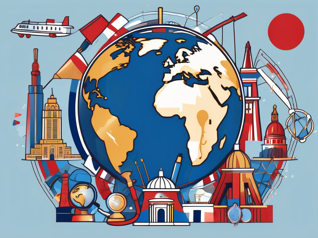 A globe with various iconic landmarks from different countries