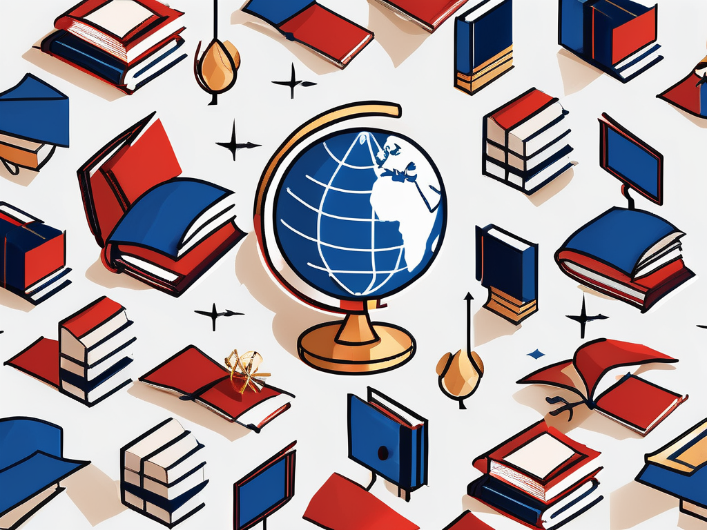 A globe surrounded by various educational symbols like books