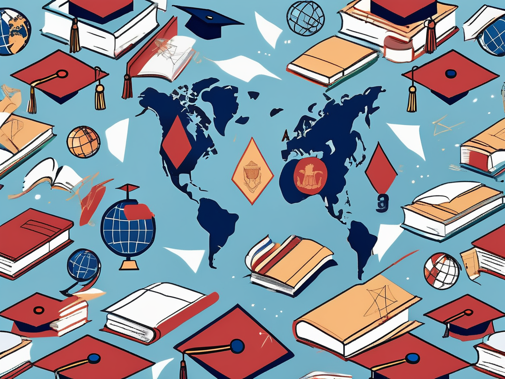 A globe with various educational symbols like graduation caps