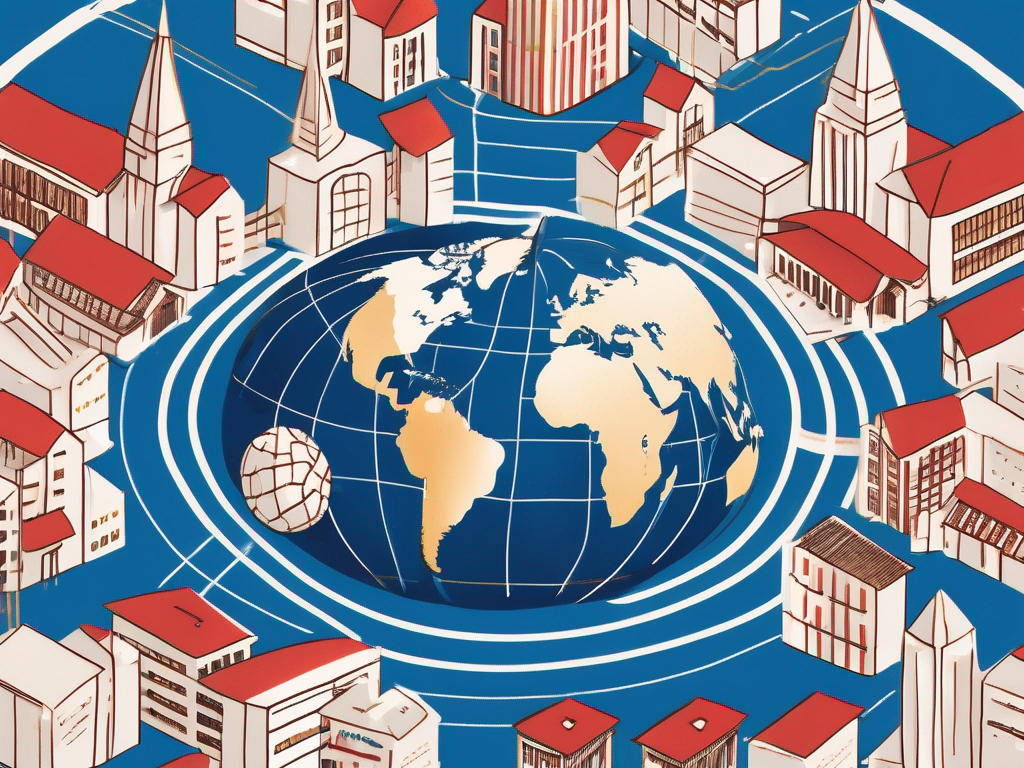 A globe with various international school buildings scattered around