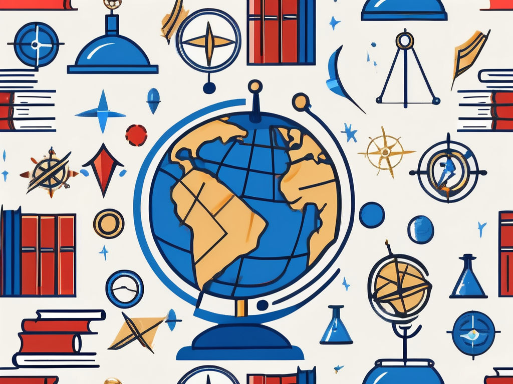 A globe with various academic symbols like graduation cap