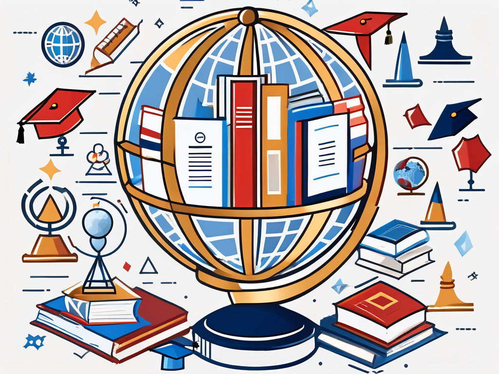 A globe surrounded by various educational symbols like books