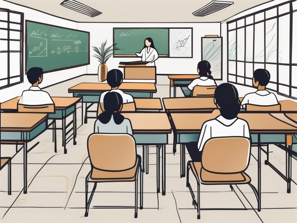 A well-organized classroom setting with thai cultural elements and visual representations of teaching tools