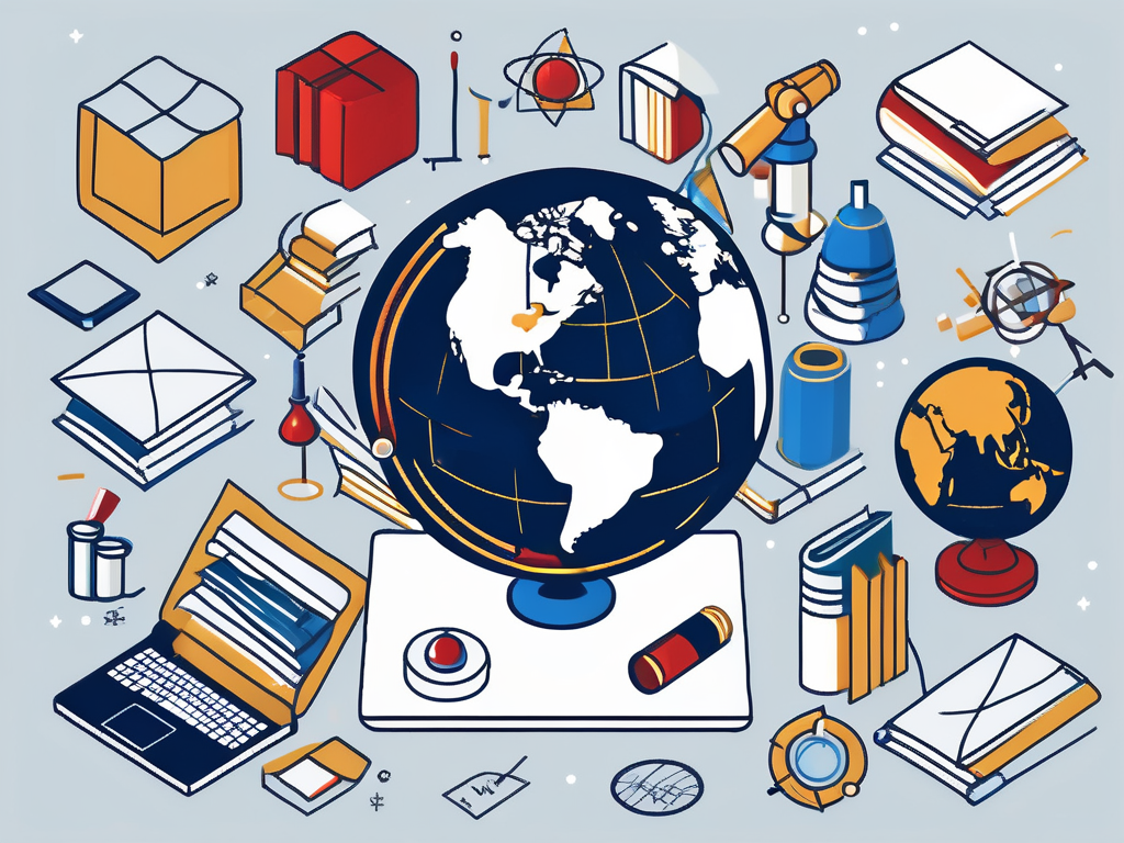 A globe surrounded by different symbols of education like books