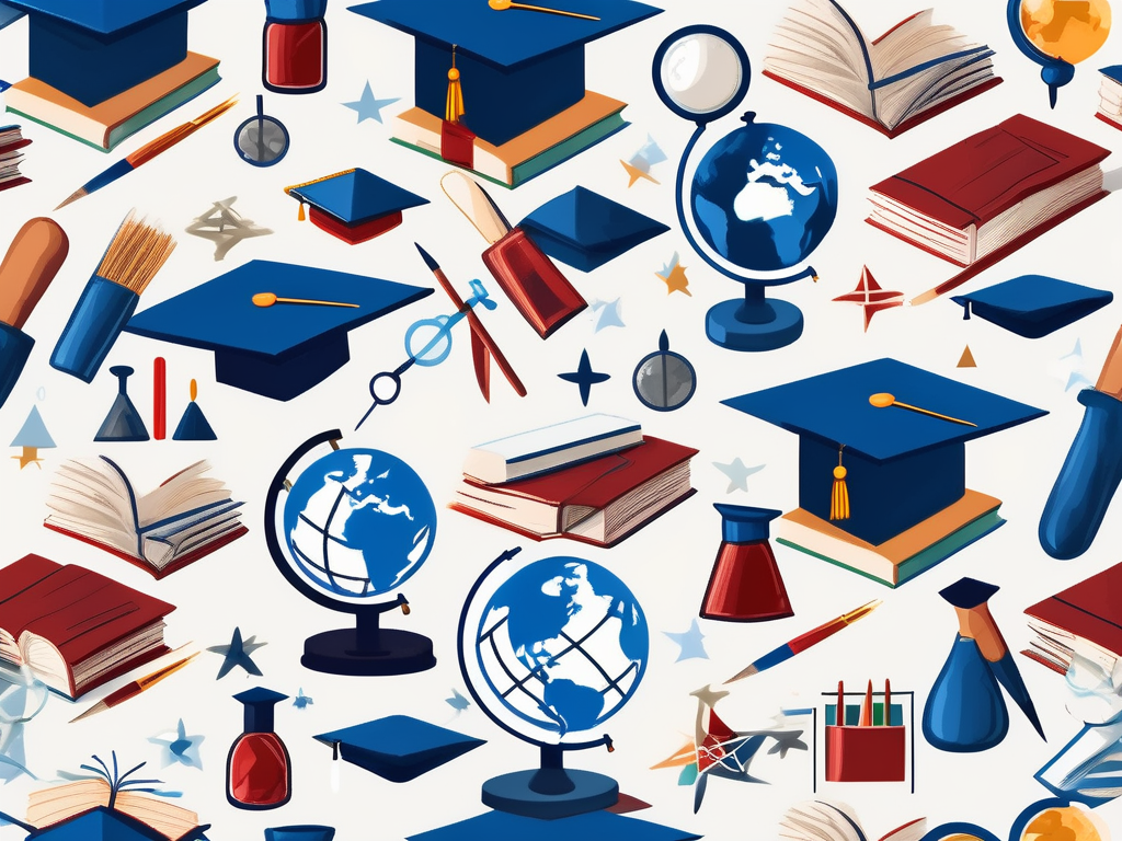 A globe with various educational icons like books