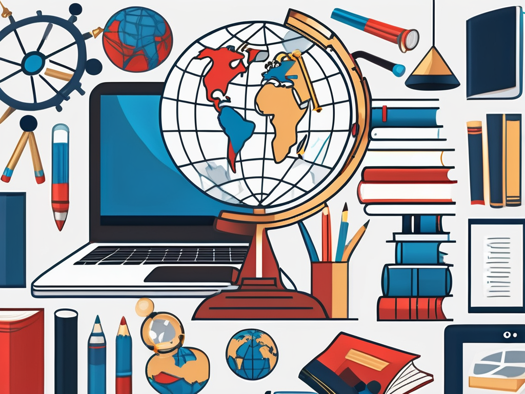 A globe surrounded by different educational tools like books