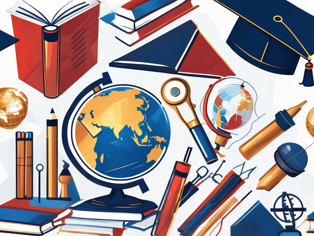 A globe surrounded by various educational tools like books