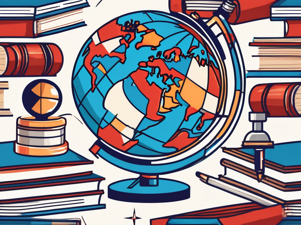 A globe surrounded by various educational tools like books