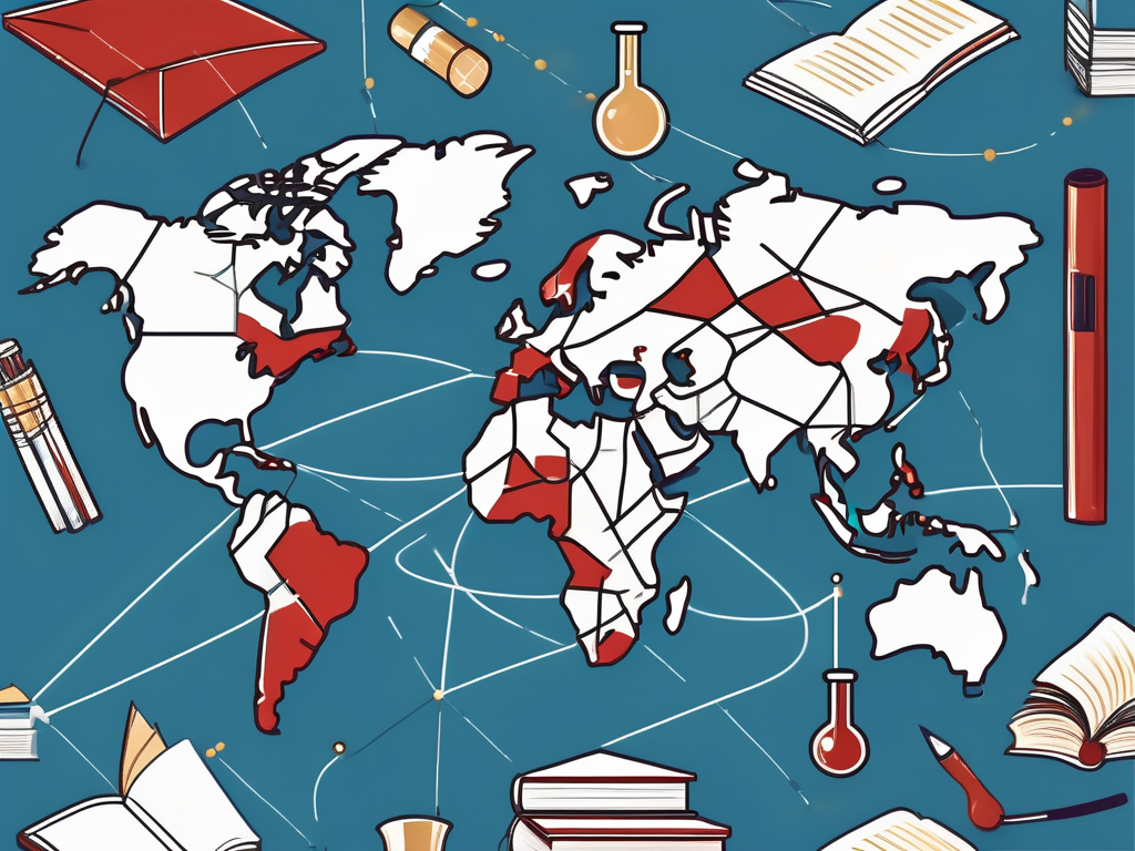 A global map with various educational symbols like graduation cap
