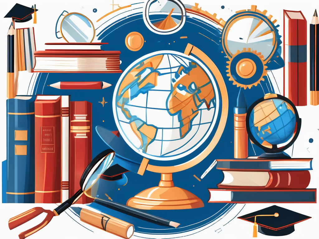 A globe surrounded by various educational tools like books