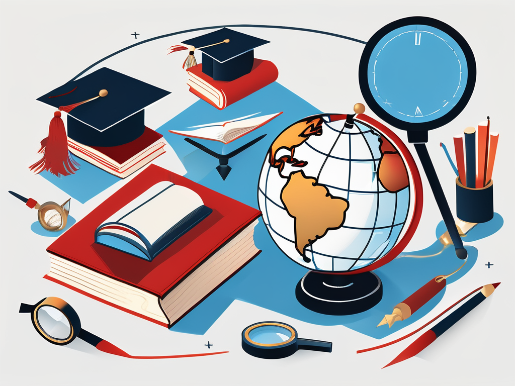 A globe surrounded by various symbolic educational tools