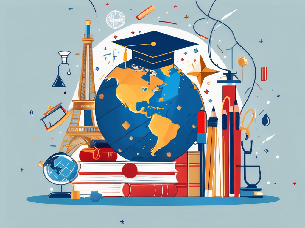 A globe with various iconic educational symbols like books