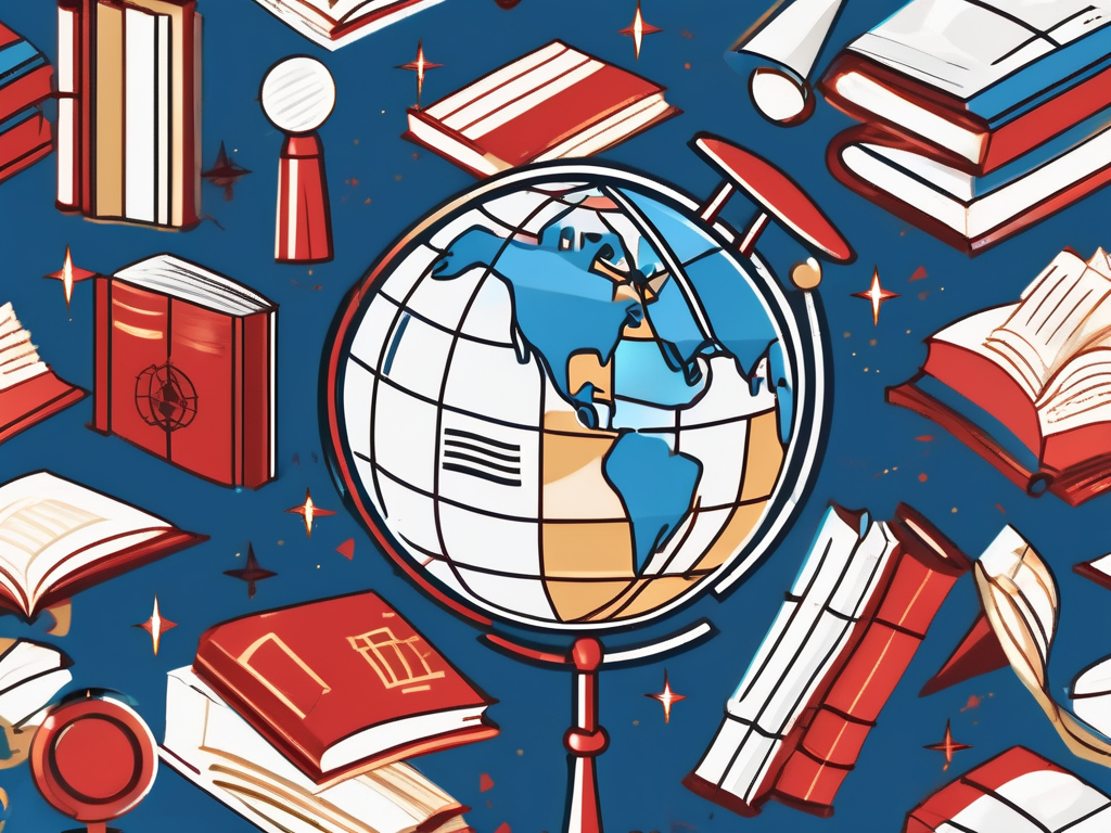 A globe with educational symbols like books