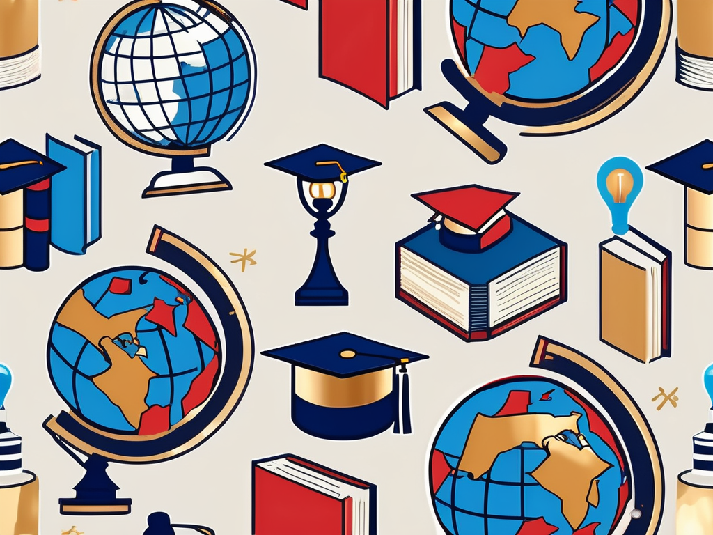 A globe with various iconic educational symbols like books