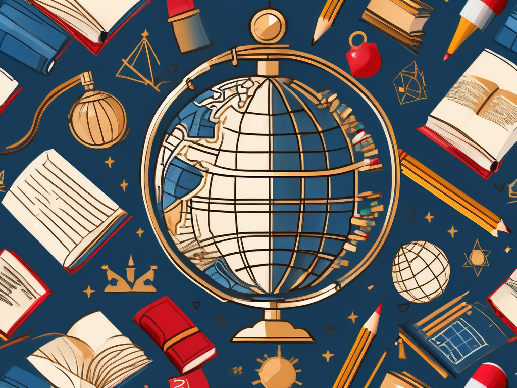 A globe surrounded by various educational symbols