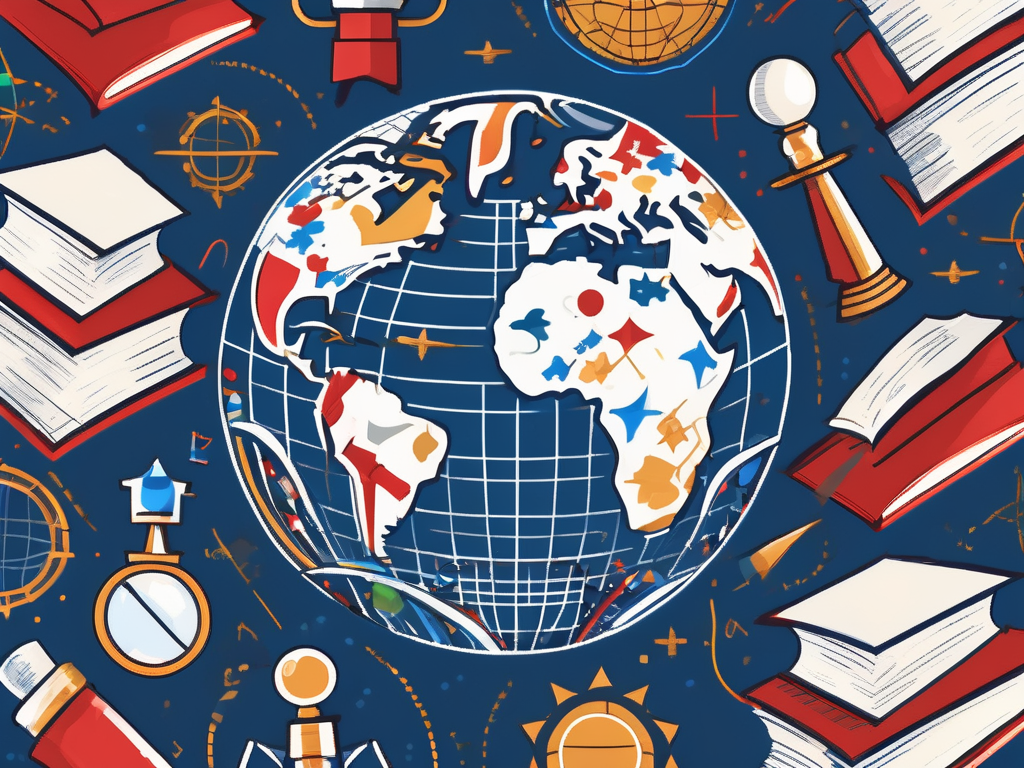 A globe surrounded by various symbols of education like books