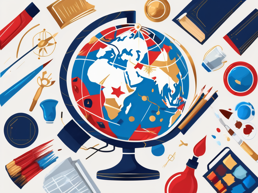 A globe surrounded by various educational icons like books