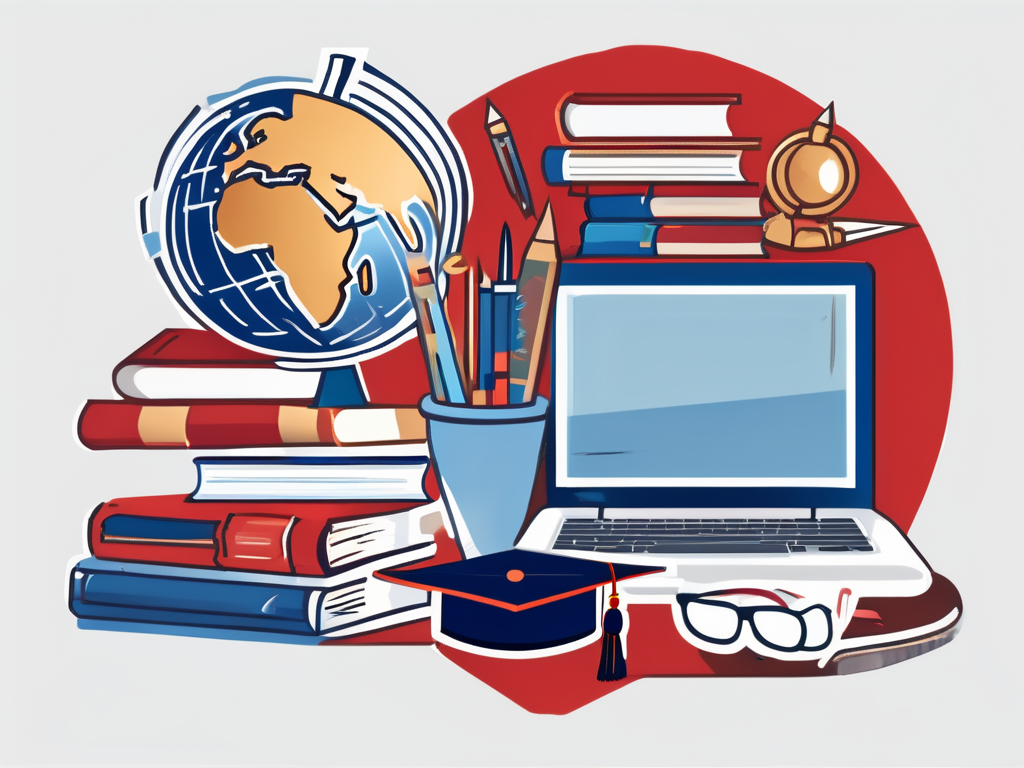 A globe surrounded by various iconic educational tools like books